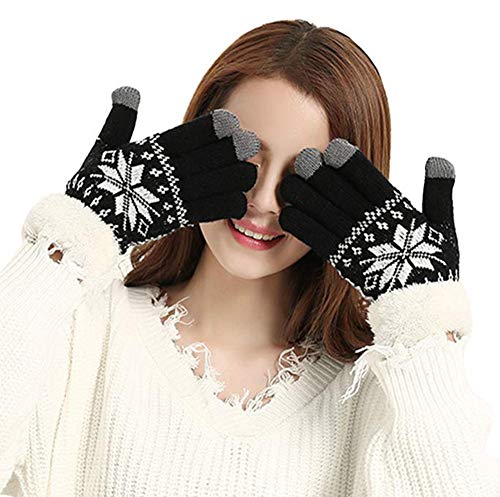 Preisvergleich Produktbild iSpchen Winter Frauen Strickhandschuhe, Warme Touchscreen Thermische Winddichte Handschuhe Wolle Samt Verdicken Hand Handschuhe Draussen Sport Mädchen Schneeflocke Schwarz EINWEG