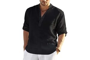 PADOLA Hombre Camisas Lino T-Shirt Suelta Manga Larga Casual Top Color Sólido Camisa de Verano Regular Fit Respirable Henley Camisas Casual