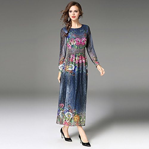 JIALELE Women's Party Daily Going out Vintage Sexy Sophisticated A Line Midi Dress, Floral Jacquard Lace Round Neck Long Sleeves,Navy Blue,L