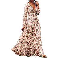 Winwintom mujeres retro Print floral V - cuello de manga larga vestido de fiesta vestido de noche vestido (L)
