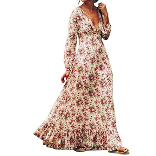 Winwintom mujeres retro Print floral V - cuello de manga larga vestido de fiesta vestido de noche vestido (L)
