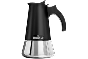 The London Sip Moka Pot, Stovetop Coffee Maker, Italian Style Espresso Maker, Stainless Steel, Induction Compatible, Modern Chrome, Black, 6 Cup (300 ml)