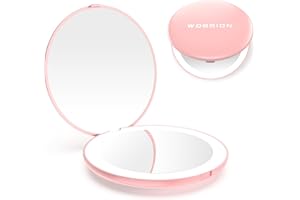wobsion Compact Mirror with Light, 1x/10x Magnification Travel Makeup Mirror, Handheld 2-Sided Mirror, Compact Mirror for Purses, 3.5 inch Small Pocket Mirror for Handbag,Purse,Pocket,Round,Pink