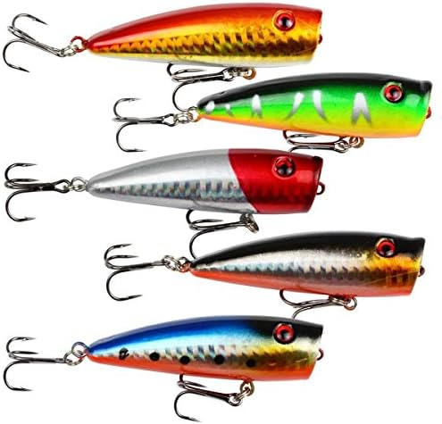Overfeel 5pcs 7cm Fishing Topwater Floating Bait Popper Poper Lure Hooks Crankbait