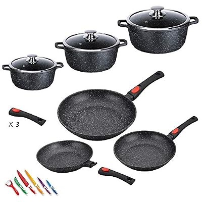 Kamberg - 0008161 - Batterie de cuisine 12 pièces : 3 poêles / 3 faitouts - Fonte d'aluminium - Revêtement pierre - Tous feux dont induction - Sans PFOA