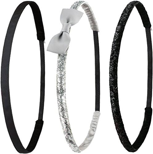 Ivybands® The Non-Slip Black Glitter Head Band, 3 Pack, Black Glitter Super Thin Hair Band, Silver Glitter Headband (1 cm Wide) IVY003 IVY261 IVY316