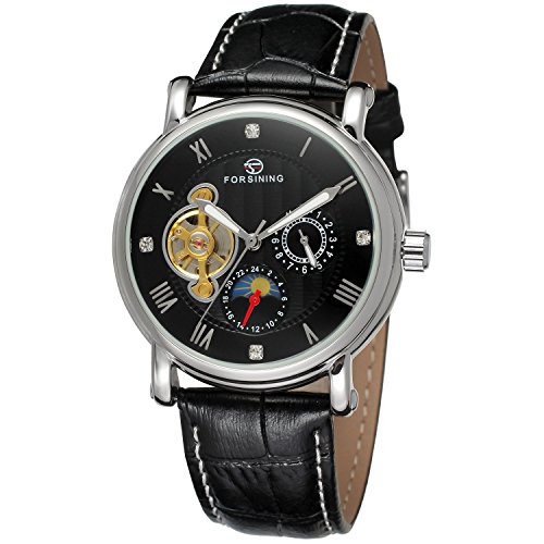 forsining fase de la luna de piel auténtica hombre automático reloj de pulsera...