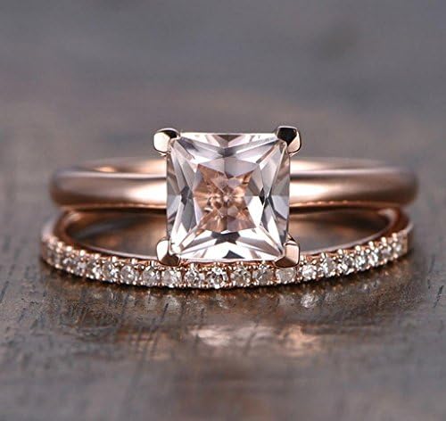 Sale: 1.25 Carat Peach Pink Morganite (princess cut Morganite) & Diamond Engagement Bridal Wedding Ring Set in 10k Rose Gold