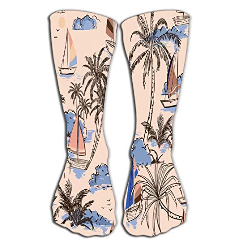 Preisvergleich Produktbild Xunulyn Hohe Socken Women's Girls Novelty Over Calf Knee High Socks Funny Boot Sock 19.7"(50cm) Summer Vintage Beautiful Island Boat Windsurf re