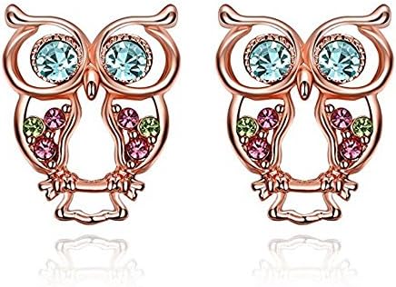 Rose Gold Plated Colorful Czechic Diamond Owl Stud Earrings for Women, Girls