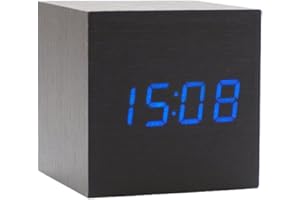 Onerbuy Wooden Digital Cube Alarm Clock Touch Sound Activated Desk Clock Portable Travel Clock with LCD Display for Time, Temperature, Calendar, 3 Alarm Settings (Black)