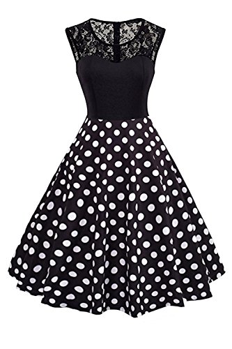MisShow Robe Femme Elégante de Mariage Femme Chic pour Soirée Mi Longue Vintage Rétro Imprimée à Pois Swing en Coton avec Dentelle Mousseline Dot L