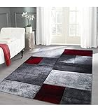 Designer Teppich Modern Kariert Muster Konturenschnitt Schwarz Grau Rot - 200x290 cm