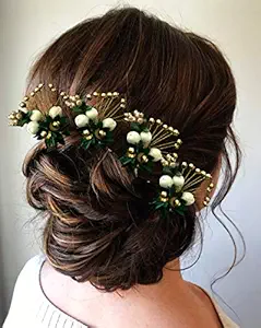 Hair Flare 2144 Womens Girls Hair Clips Pins Long Short Hair Buns HairStyles Artificial Flowers Accessories For Weddings Bride, Green, Pack of 8