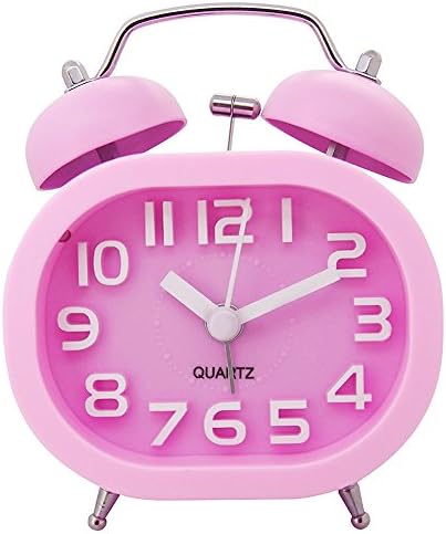 lunaoo 3" Twin Bell Alarm Clock, COOJA Non Ticking Silent Quartz Analog Sweep Battery Clocks with Nightlight and Loud Alarm, Pink