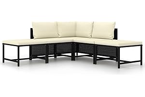 Gecheer Set de Sofás de Jardín 5 pzas y Cojines Sofá de Ratán con Taburete Conjunto de Muebles de Jardín Sofá Modular para Exterior Balcón Patio Terraza Ratán Sintético Negro