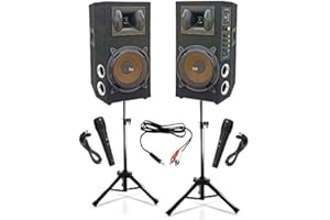 SHARD-LAB IMPIANTO AUDIO KARAOKE pronto all'uso 2 CASSE AMPLIFICATE BLUETOOTH 600W 8" + 2 MICROFONI CON FILO + CAVO PC + 2 STATIVI (alzata ridotta)