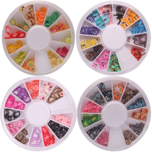 4 Wheels Combo Set 576pcs Nail Art Fimo Slices Tips Decal Pieces Accessories 3D DIY Decoration - Heart, Animal, Fruit, Butterfly Pattern by Nails gaga