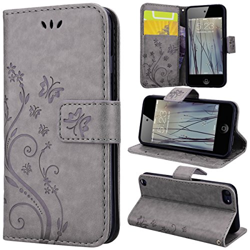 Preisvergleich Produktbild SMART LEGEND iPod Touch 6 Lederhülle,iPod Touch 6 Handyhülle Schmetterling Weinstock Premium Schutzhülle Wallet Case Grau Muster Design Etui Brieftasche Ledertasche mit Handschlaufe Neu Zubehör im Bookstyle Cover Schale mit Ständer Standfunktion Etui Karten Slot und Magnetverschluss Flip Case