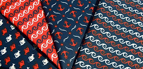 4x0,5m MARITIM Fische-Anker-Wellen rot-blau Muster-Mix BW-Stoff 100% Baumwolle Stoffbreite 1,4m (insgesamt 2m x 1,4m)