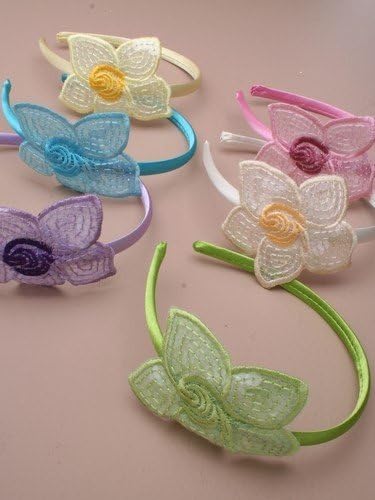 Aliceband - Embroidered sequin flower on narrow satin headband alice band[Cream]