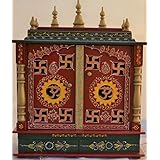 Jodhpur Handicrafts Wood and MDF Om and swastika design Home temple with LED Bulb, Pooja Thali and God Frames (Multicolour)
