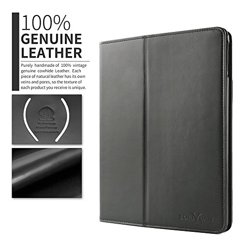 Boriyuan Ipad Pro 9.7 Hülle Echt Leder Case Smart Cover Schutztasche aus echtem Leder für das Apple iPad Pro 9.7 Zoll mit Standfunktion, Auto Sleep Wake up , Apple Pen Halter und Fach für Kreditkarten (Farbe: Schwarz) - 2