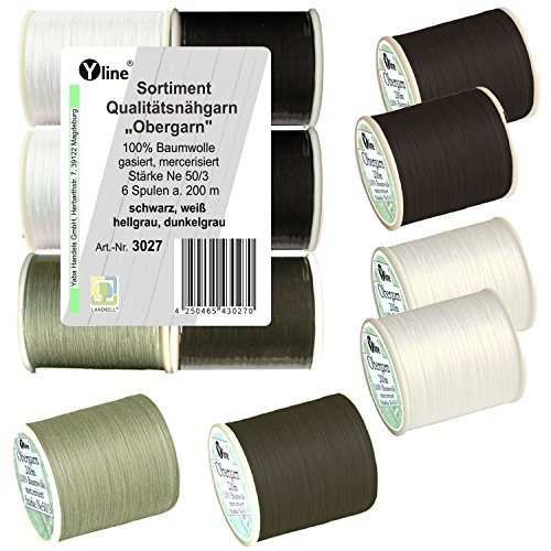 Sort. 6 Spulen a. 200 m Qualitäts - Nähgarn "Obergarn" schwarz, weiß & grau, Ne 50/3, 100% Baumwolle für die Nähmaschine, 3027