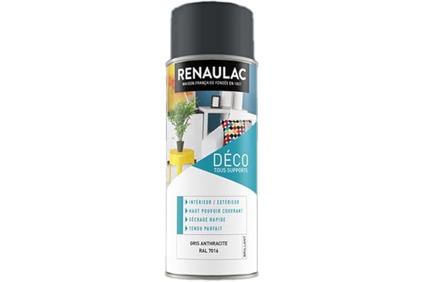 Renaulac Peinture Aérosol Déco multi-supports - Gris (Gris Anthracite) - 400 ml (Ref: C-REAERDECB-0004-0L4) - Brillant