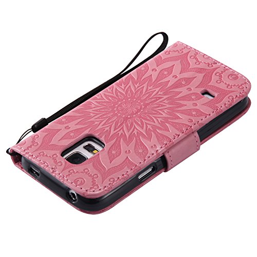 Lonchee Samsung Galaxy S5Mini G800 SM-G800 Leder Wallet Tasche Brieftasche Schutzhülle , Sonnenblumen geprägten Muster Design Hochwertige PU Leder Folio Tasche Case Hülle im Bookstyle mit Standfunktion Kredit Kartenfächer (rosa) - 4