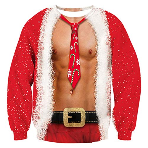 TUONROAD Holiday Sweaters Couples Christmas Sweatshirt Sweater 3D Print Tie Belt Novelty Xmas Elf Long Sleeve 