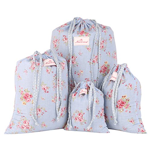 neoviva Kordelzug-Aufbewahrungstaschen für Kleidung/Wäsche, Set mit 4 verschiedenen Größen, Textil, Royal Roses Blue, 40(L)x30(W)x0.1(H)CM