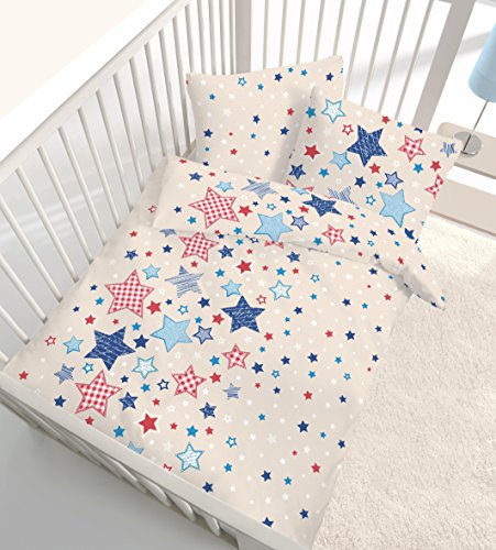IDO Fein Biber Bettwäsche 2tlg. Beige Blau 17834-228 Kinder Baby Gitterbett Bettwäsche Bettbezug 40 x 60 cm / 100 x 135 cm - 2