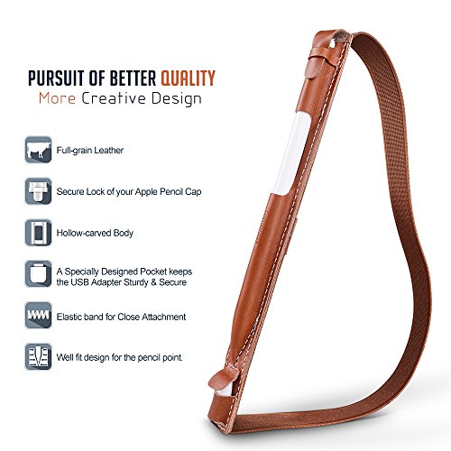 Apple Pencil Halter, Fullmosa® Hochwertige Kunstleder Stifthalter Apple Pencil Hülle Etui mit USB-Adapter-Tasche für iPad Pro 12.9,Braun - 2