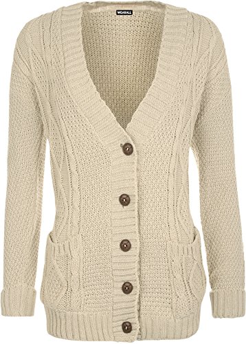Womens Cable Knitted Button Cardigan Long Sleeve Ladies Boyfriend Top - Stone - 8/10