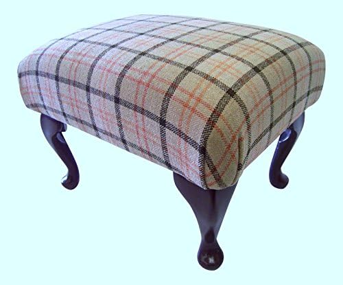 Queen Anne Style Footstool In a Quality Fawn Tartan Fabric