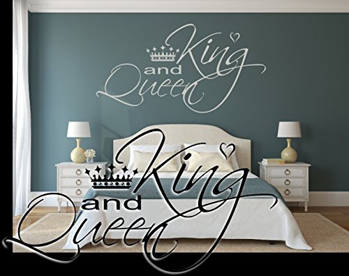 timalo® Wandtattoo fürs Schlafzimmer 68054-110x58 weiss ~ Schriftzug: Spruch KING and QUEEN, Königin mit Krone und kleinem Herz