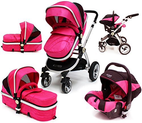 i-Safe System - Raspberry (Pink) Trio Travel System Pram & Luxury Stroller 3 in 1 Complete With Car Seat