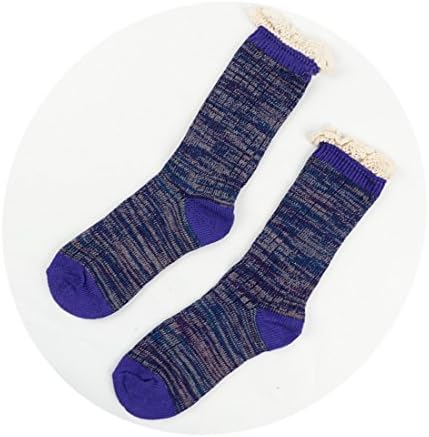 1 Pair Ladies Cute Socks Colourful Unique Cotton Rib Knitted Ankle/Crew Lace Trim Socks (Blue)