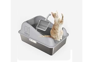 GRFELI Cat Litter Tray Stainless Steel XXL, Cat Litter Tray High Rim, Leak-Proof and Against Spills, Semi-Closed Cat Litter Tray with Cat Litter Scoop (60 x 40 x 30 cm)
