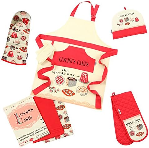 Good Housekeeping Apron, Single &amp; Double Oven Glove, Tea Cosy &amp; Tea Towel Set in Luscious Cakes Red
