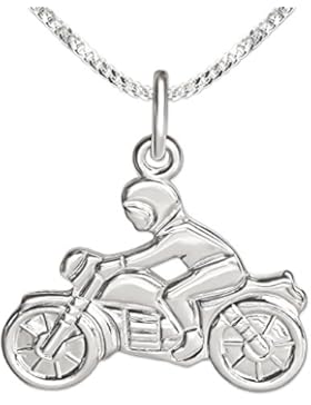 CLEVER SCHMUCK-SET Silberner Anhänger altes Motorrad mit Fahrer 20 x 16 mm flach glänzend und Kette Panzer 50...