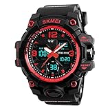TONSHEN Männer LED Digital Uhren 50M Wasserdicht Rot Plastik Lünette Silikon Band Alarm Analog Quarz Armbanduhr Outdoor Militär Sportuhr Herrenuhr