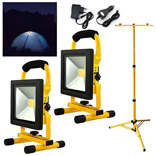 Preisvergleich Produktbild Hengda® 2x20W Gelb Kaltweiß LED AKKU Strahler Fluter Campinglampe Nachtfischen nächtliche Notreparaturen bei KFZ Werkstatt Baustrahler Handlampen mit Stativ