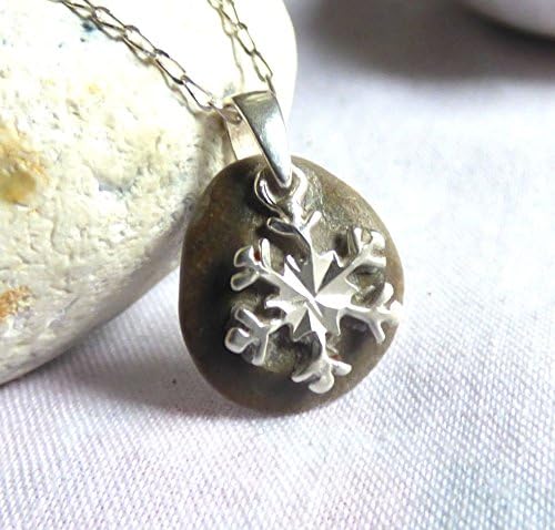Beach Stone Pendant Necklace with Sterling Silver Snowflake Charm and 18" Sterling Silver Curb Chain PI17003