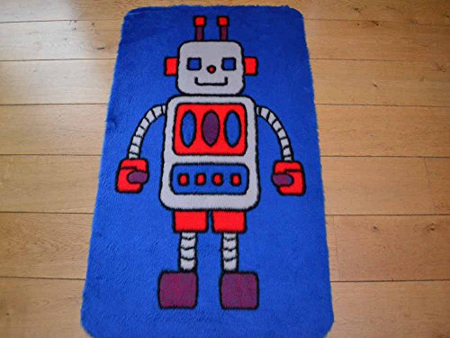 Robot Non Slip Machine Washable Sheepskin Style Kids Rug. Size 70cm x 108cm