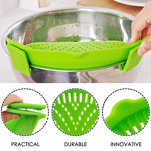 Silikon-Snap-Sieb mit 2 Zusammenklappbaren Trichtern, FineGood Hands-Free Clip-on Hitzebeständiger Colander Pour-Auslauf für Pasta Gemüse-Nudeln Topfschale Pan – Green - 8