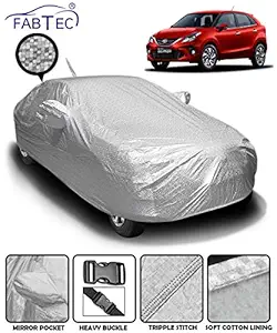 Fabtec Waterproof and Heat Resistant Metallic Silver Mirror and Antenna Pocket Car Body Cover for Toyota Glanza with Soft Cotton Lining (Full Bottom Elastic, Triple Stitched)