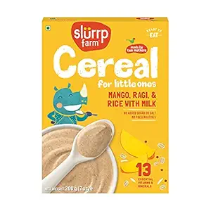 Slurrp Farm Baby Cereal, Ragi, Rice and Mango with Milk, Instant Healthy Food, NO Sugar NO Salt, Made with Natural Grains and Dates Powder, 200 g