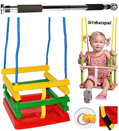 2 tlg. Set _ Schaukel aus Kunststoff mit Gurt & Türreck - Gitterschaukel / Kinderschaukel - Sicherheitsgurt & leichter Einstieg ! __ mitwachsend & verstellbar ___ Babyschaukel - Kleinkindschaukel verstellbar - Reck für Türrahmen Befestigung - Stange - Türstange - Plastik / Kunststoffschaukel - Plastikschaukel Baby Kinder - Plastikgitterschaukel für Innen und Außen - mit Sicherheitsstäben / bunte Stäbe Plastikbabyschaukel / Drinnen - mit / ohne Schrauben